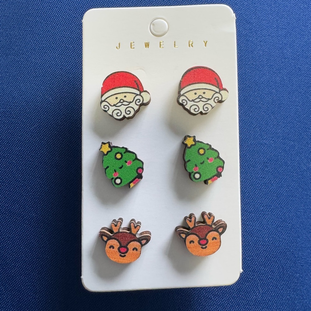 Set of 3 wooden Christmas earrings